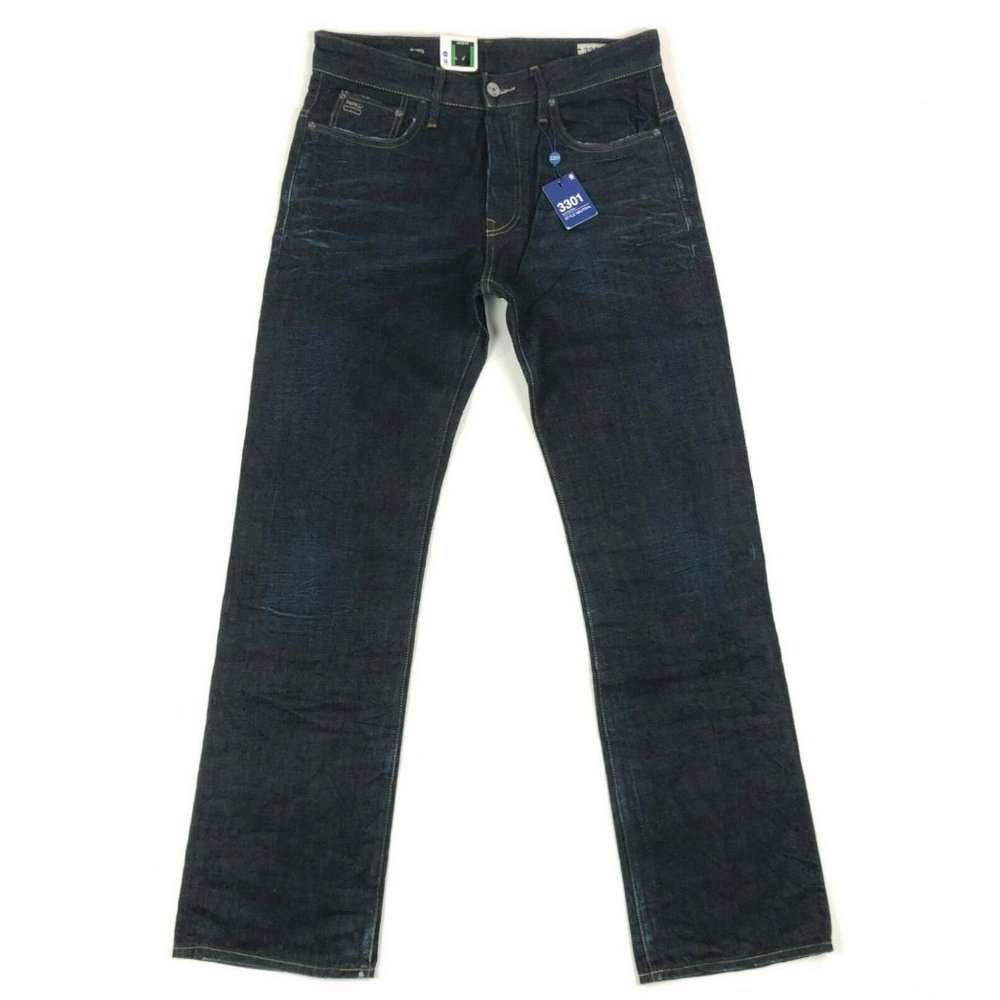 G Star Raw 3301 Loose Fit Blue Jeans Men 34 34x32 Button Fly Style Neutral Denim